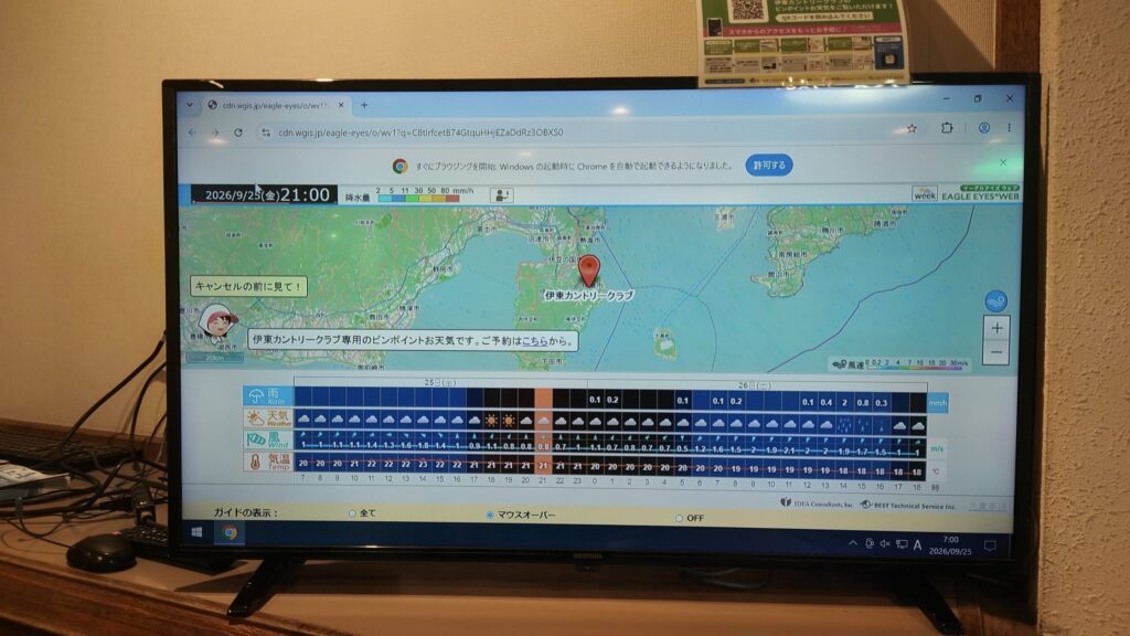 伊東カントリークラブのクラブハウスにあるピンポイント天気予報のモニター